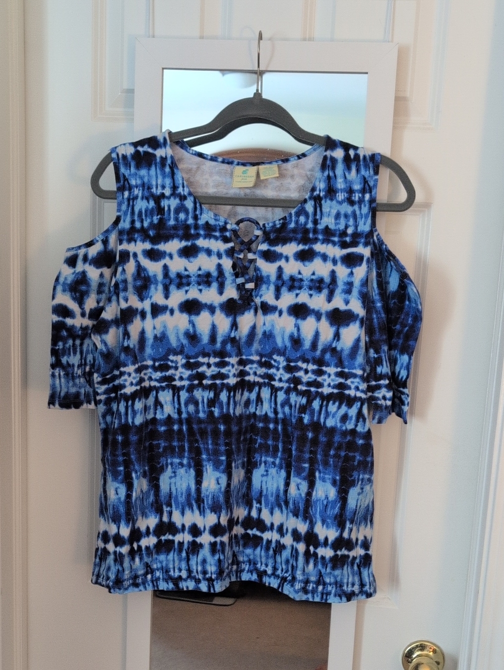 Caribbean Joe Blue Tie-Dye Cold-Shoulder Lace-Up Top